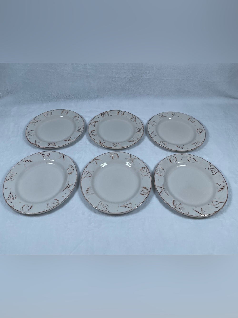 LOT OF 6 Thomson Pottery HAMPTON Salad Plates 8.5” Embossed Sea Shells Stoneware